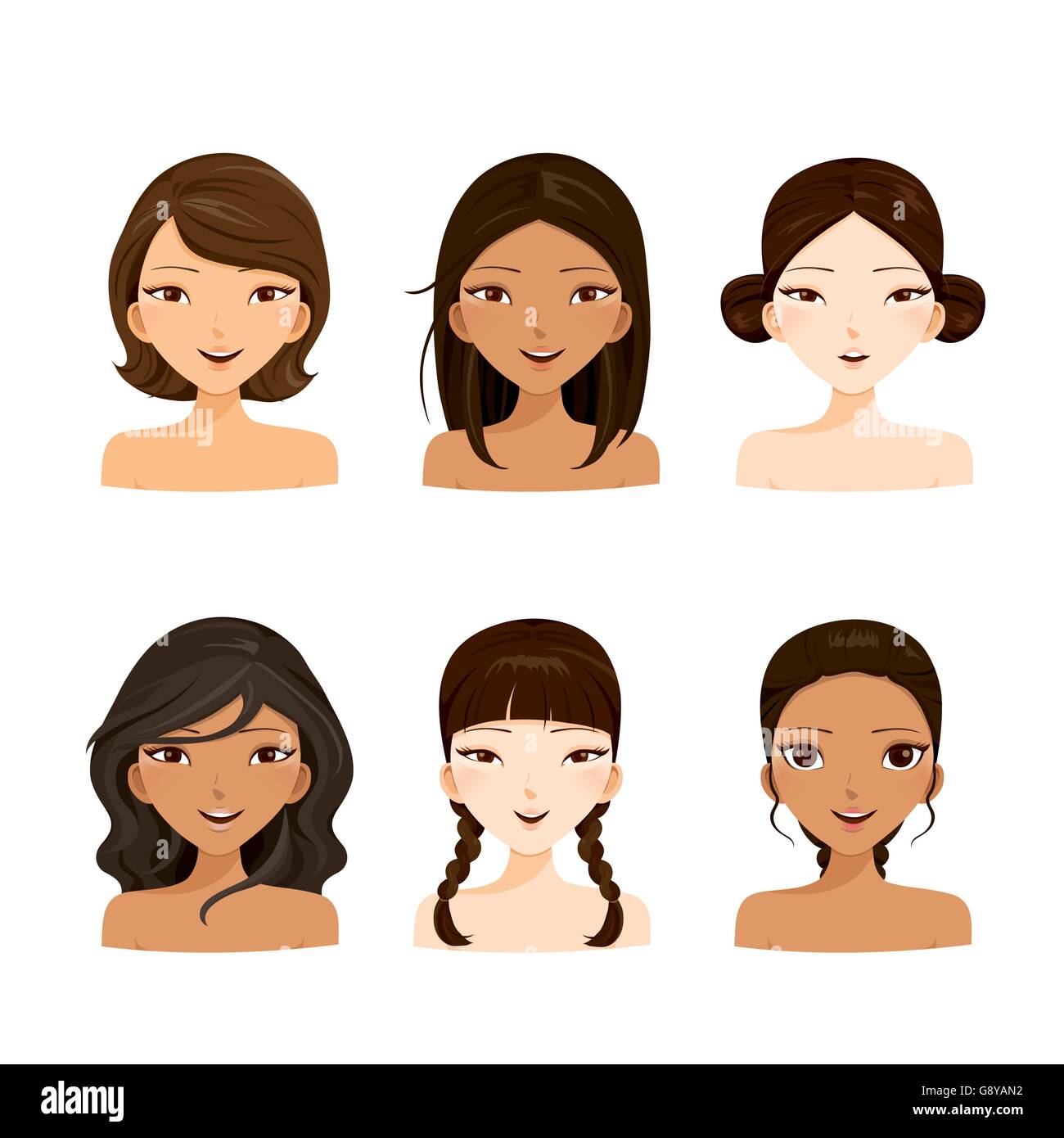 Visages de jeunes femmes avec différentes coiffures et couleurs de cheveux, de la peau, Mesdames mode, beauté Illustration de Vecteur