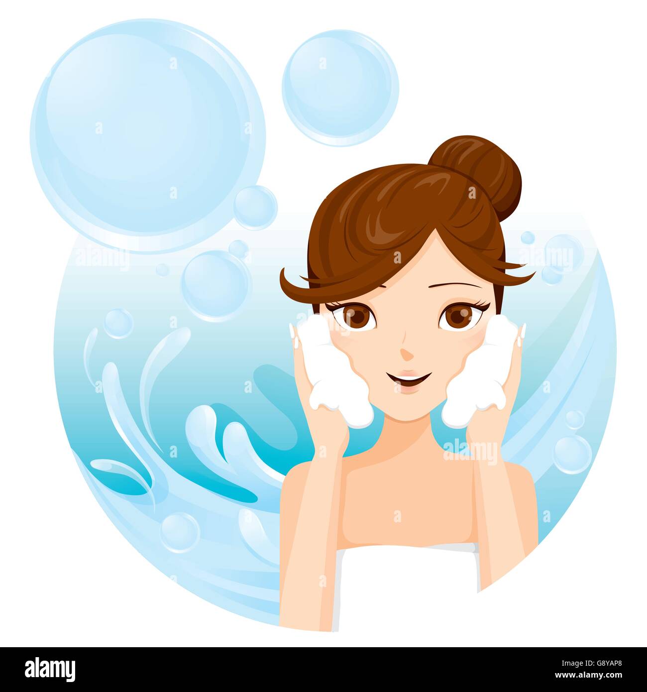 Jeune femme lave le visage avec la mousse, soin du visage, beauté, Cosmétiques, Maquillage, santé, mode de vie Illustration de Vecteur