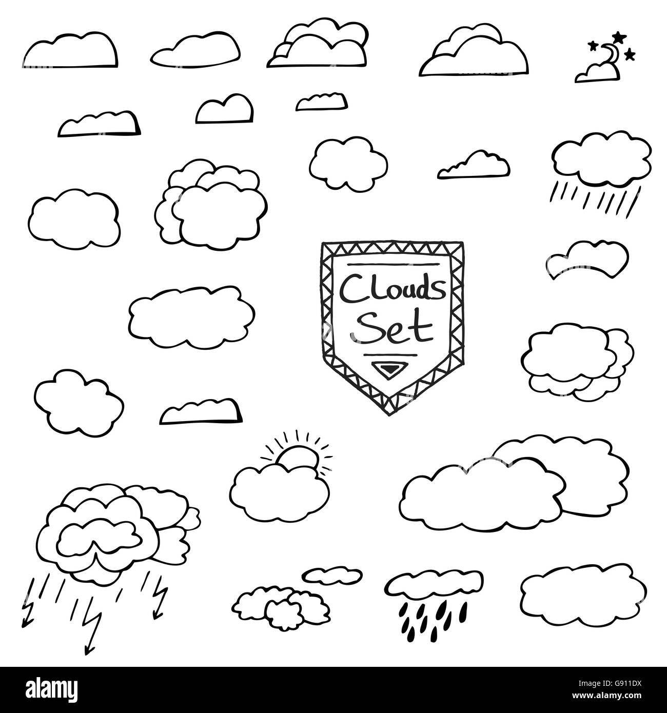 Jeu de nuages Doodle dessiné à la main. Vector Illustration. Isolé sur fond blanc. Illustration de Vecteur