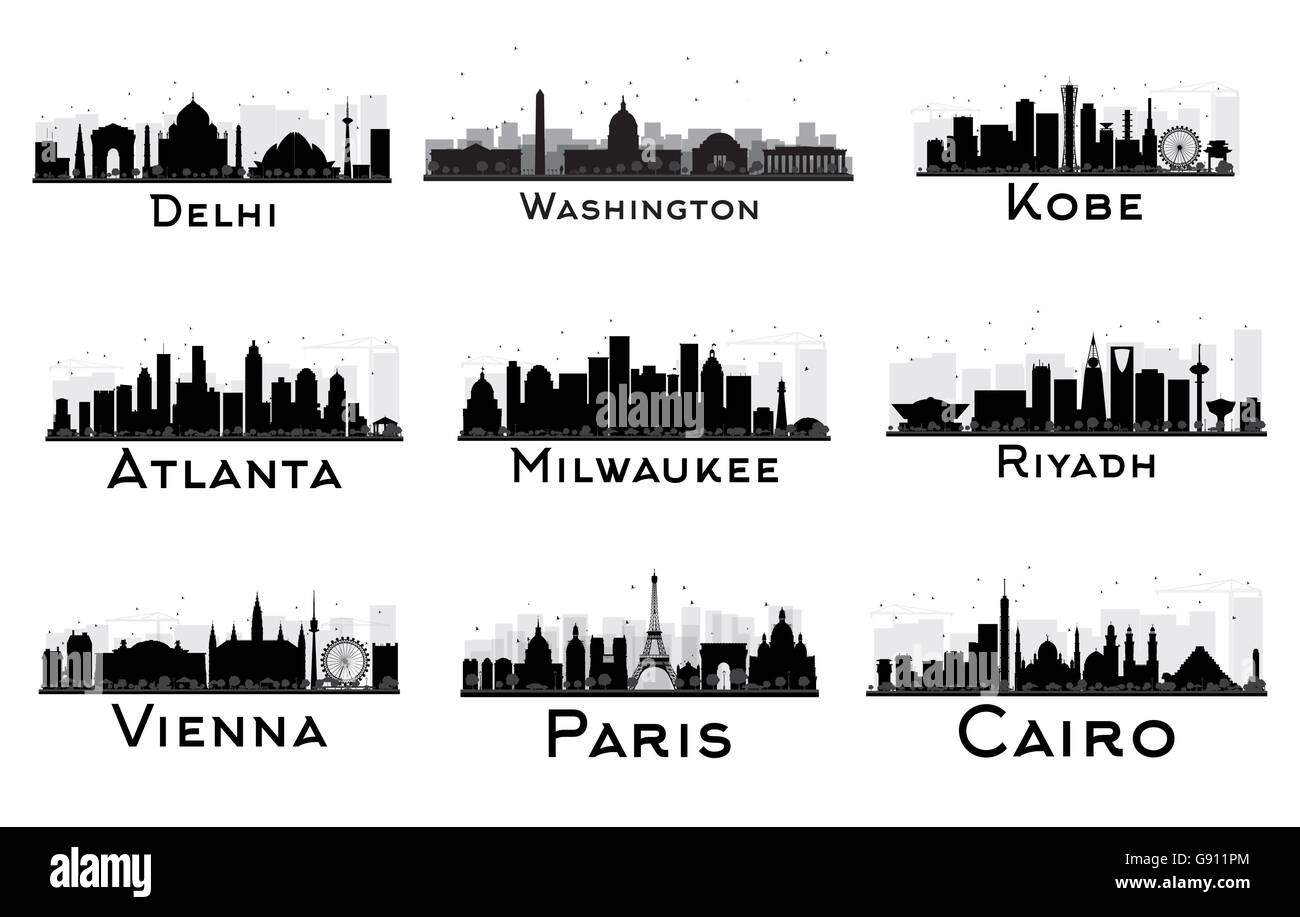 Ensemble de Ville Silhouette noir et blanc. Vector illustration. Delhi. L'État de Washington. Kobe. Atlanta. Milwaukee. Riyad. Vienne Illustration de Vecteur