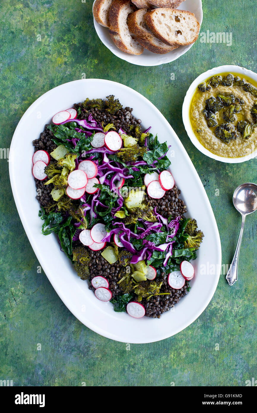 Lentilles noires Salade de brocoli Chou Brocoli carbonisés avec le pesto. Sur un vert, jaune et le fond bleu. Photographié en vue de dessus Banque D'Images