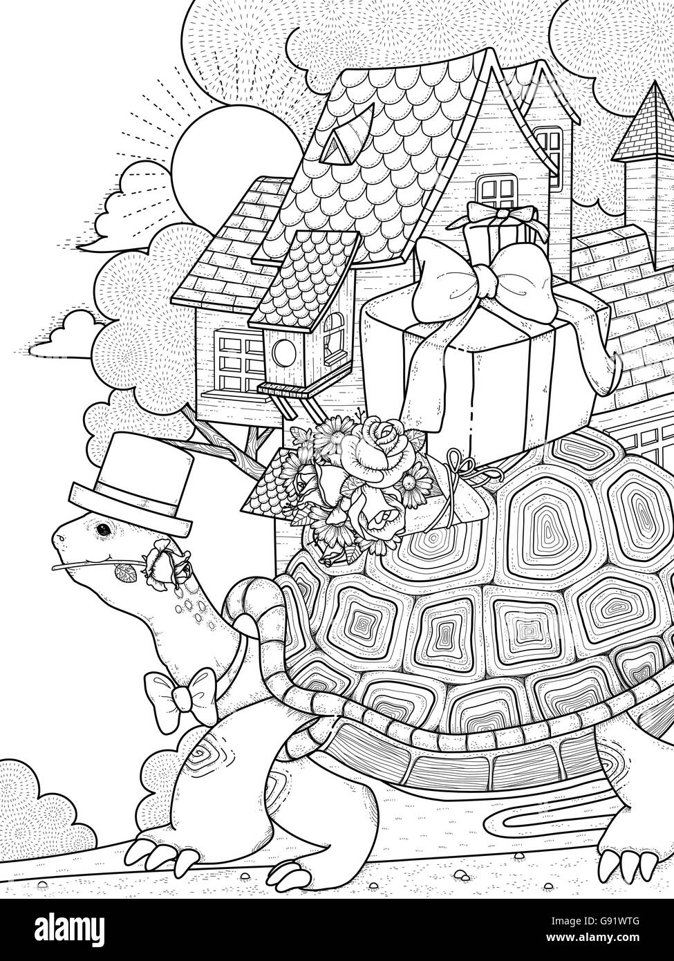 Coloriage adultes - messieurs turtle moving house Illustration de Vecteur
