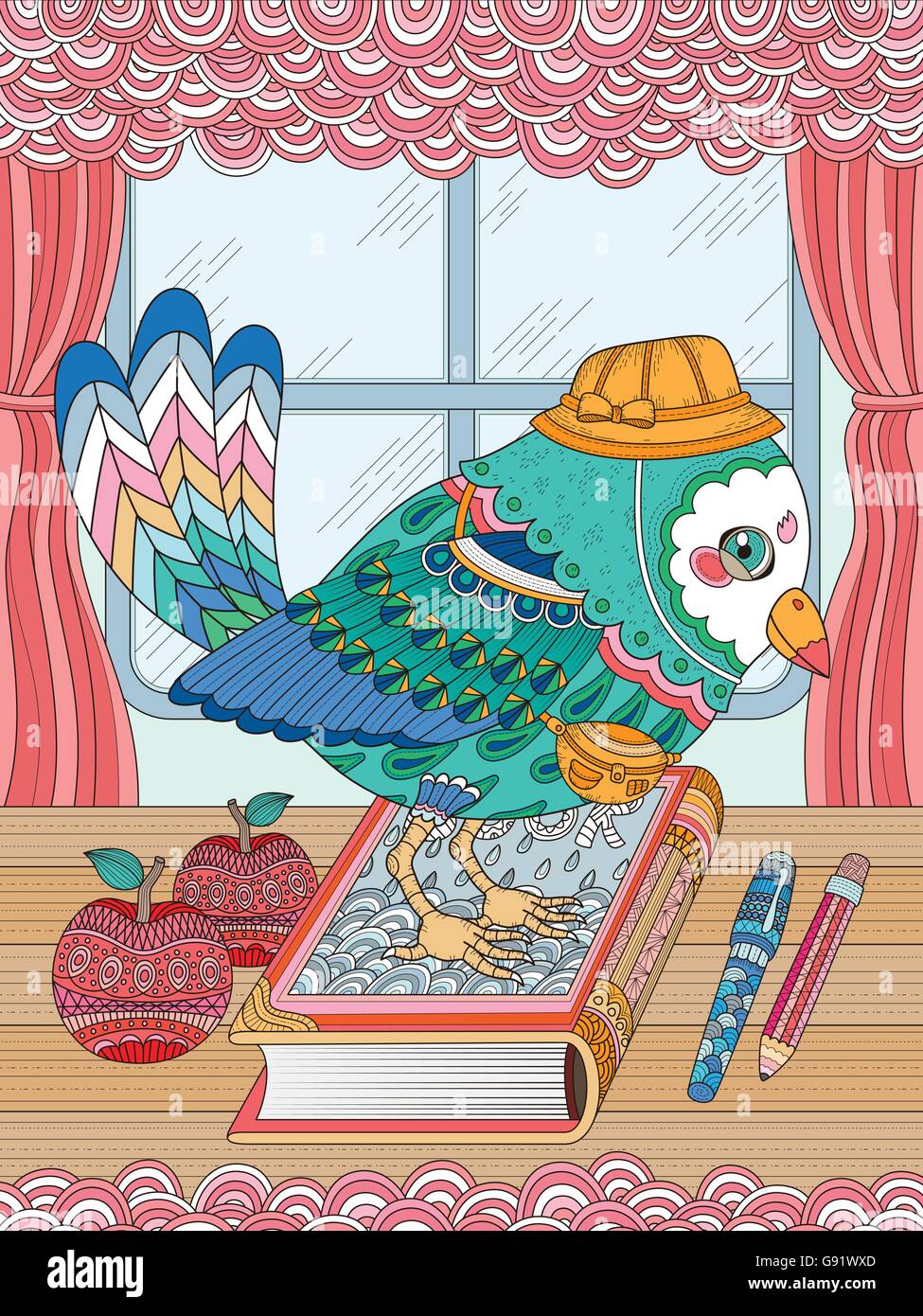 Coloriage adultes - oiseau adorable aller à l'école Illustration de Vecteur