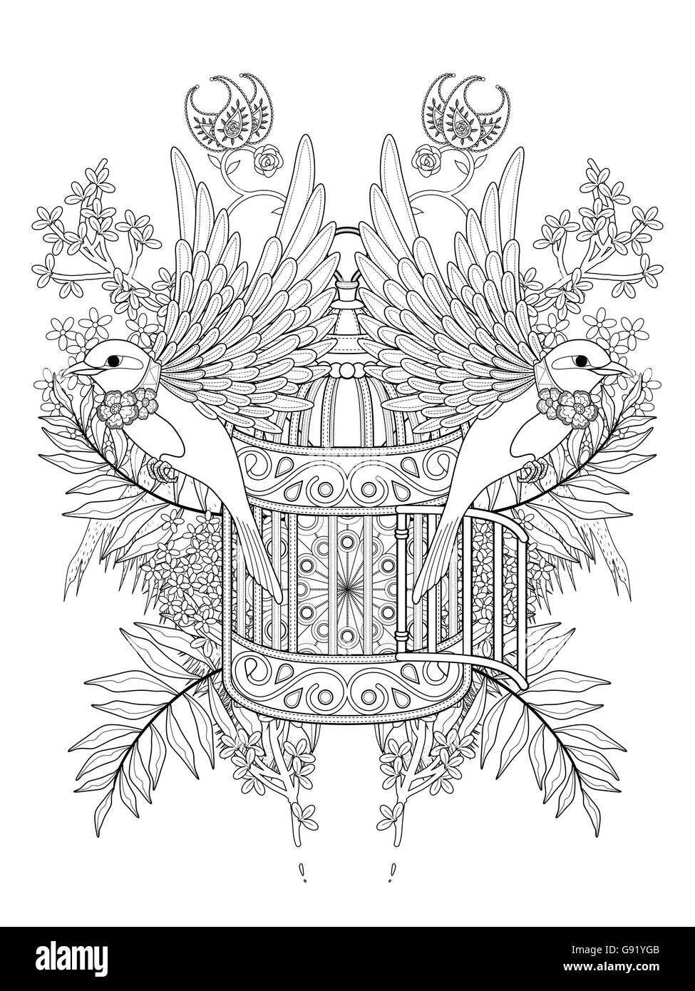 Bénédiction des profils d'oiseaux coloriage avec éléments floraux Illustration de Vecteur