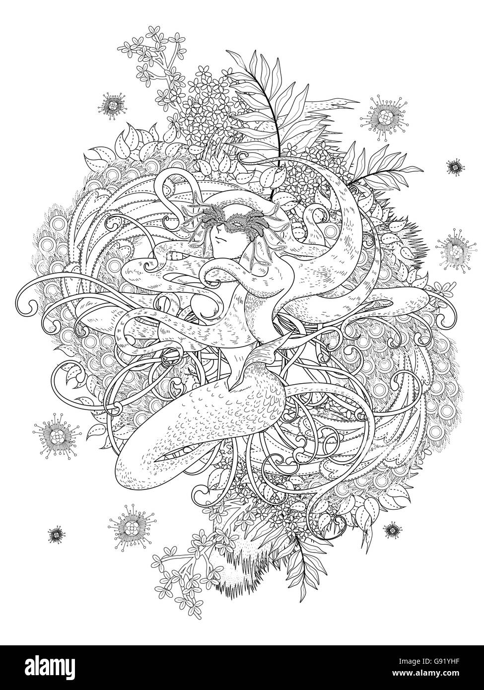 Gracieuse sirène coloriage avec adultes élément floral Illustration de Vecteur