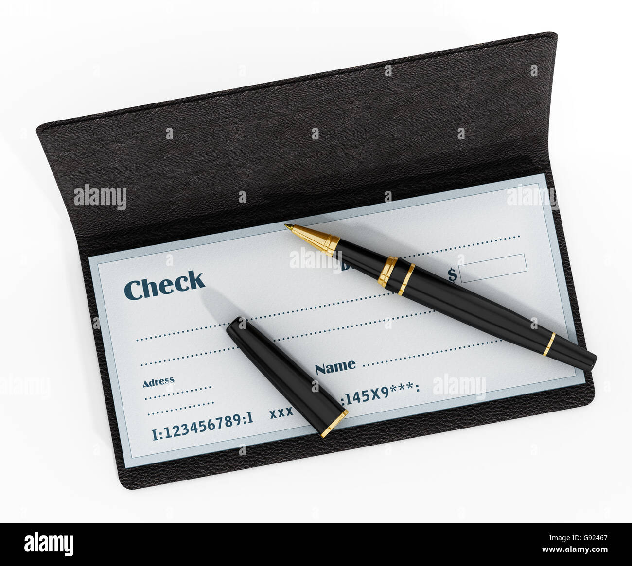 Stylo debout sur chekbook isolé sur fond blanc. 3D illustration. Banque D'Images