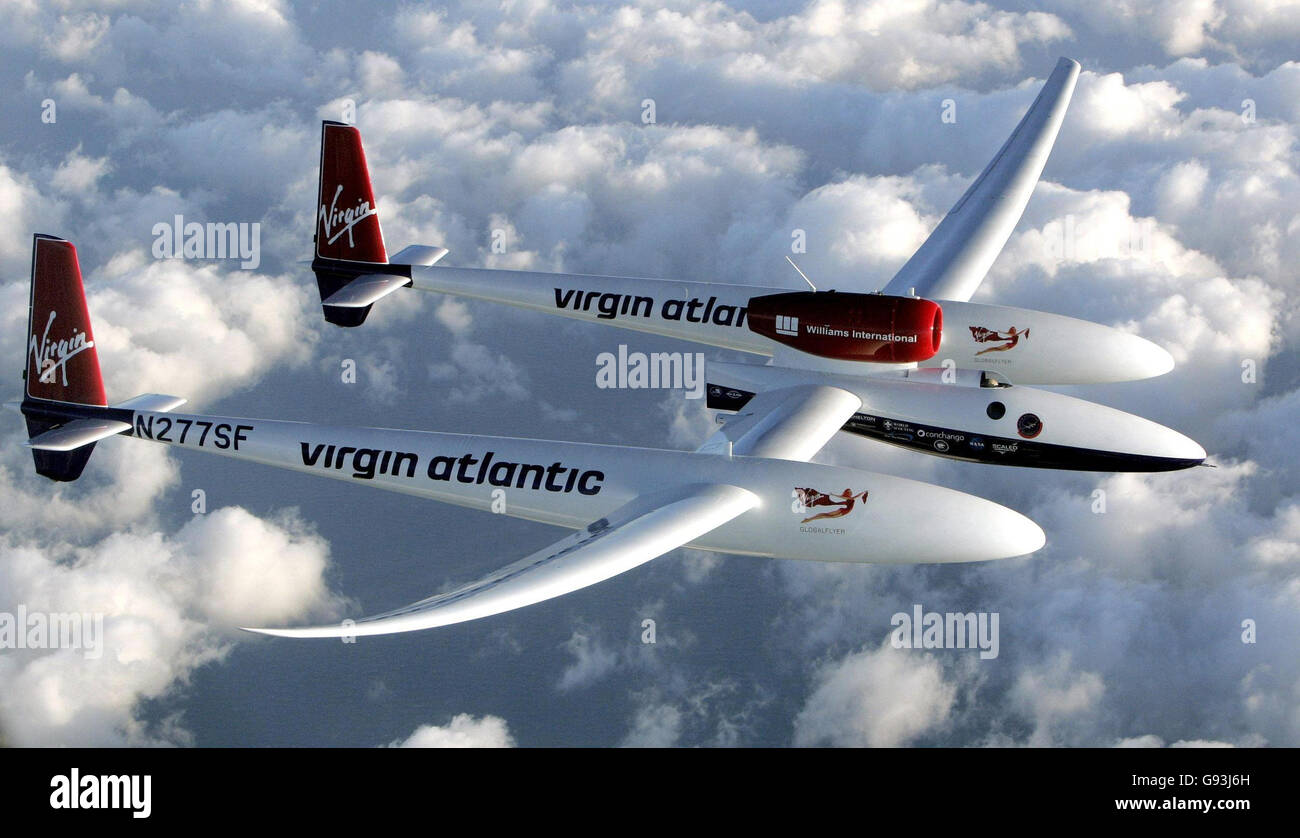 L'aventurier américain Steve Fossett survole l'océan Atlantique dans la Virgin Atlantic GlobalFlyer II, le mercredi 8 février 2006. L'aventurier américain vise à voler 26,084 miles sans escale - une fois et quart dans le monde. Si tout va bien, on s'attend à ce qu'il termine son voyage de 80 heures à l'aéroport international de Kent le samedi après-midi. Voir l'article de l'AP SUR LE Globalflyer AIR. APPUYEZ SUR ASSOCIATION photo. Le crédit photo devrait se lire comme suit : Dan Chung/The Guardian/PA Banque D'Images