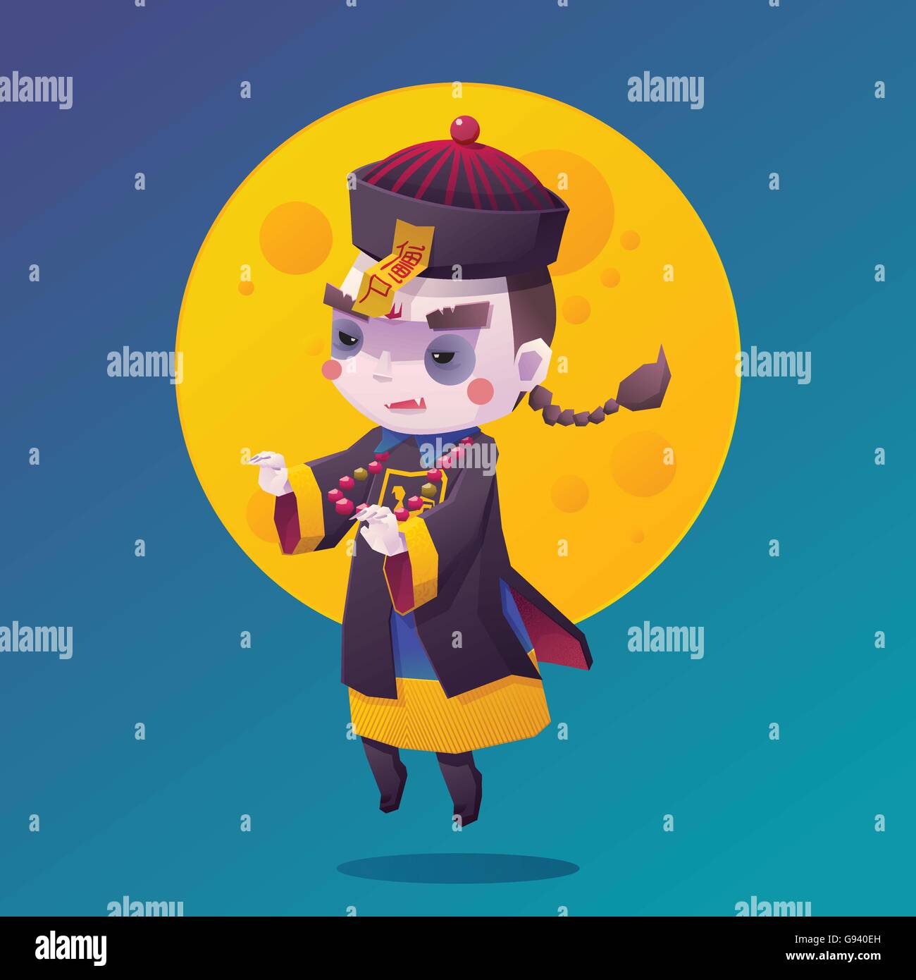 Illustration Vecteur de Chinois à l'autre Vampire pour Halloween Ghost avec pleine lune, mignon petit personnage d'arrière-plan Illustration de Vecteur