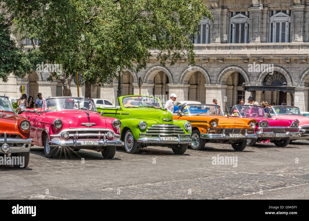 La Havane Cuba Habana colorés centrale vieux classique des années 50 voitures sur écran près de la location du capital par les touristes d'aujourd'hui Cuba Banque D'Images