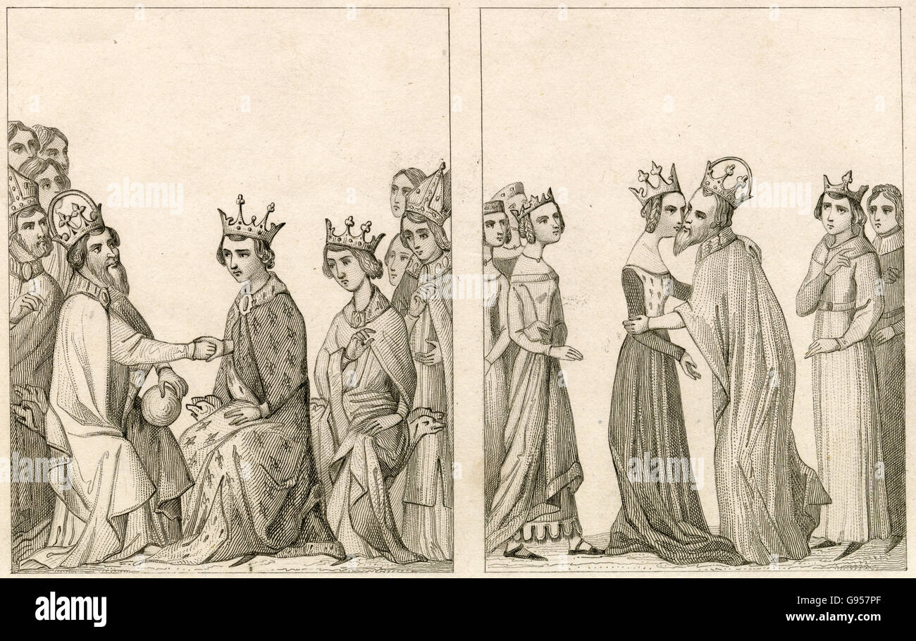 Gravure ancienne, vers 1860, illustrant la visite de Charles IV, empereur romain germanique à la reine de France Jeanne de Bourbon à l'hôtel de Saint Paul en 1378. Gravure de Charles Vernier (1831). SOURCE : gravure originale. Banque D'Images