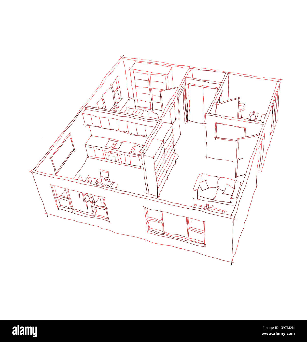 Croquis à main levée d'intérieur 3d Dessin de plume accueil appartement meublé Banque D'Images