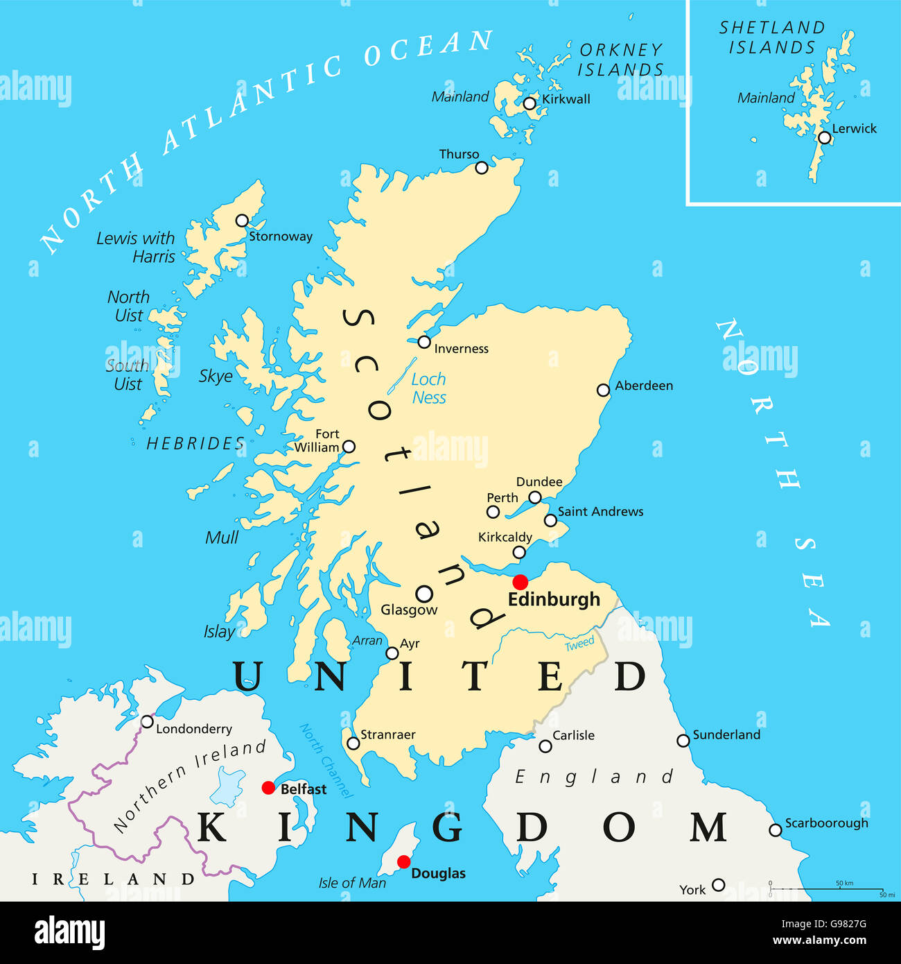 Carte politique de l'Écosse, Édimbourg capitale avec les frontières nationales et les villes. Banque D'Images