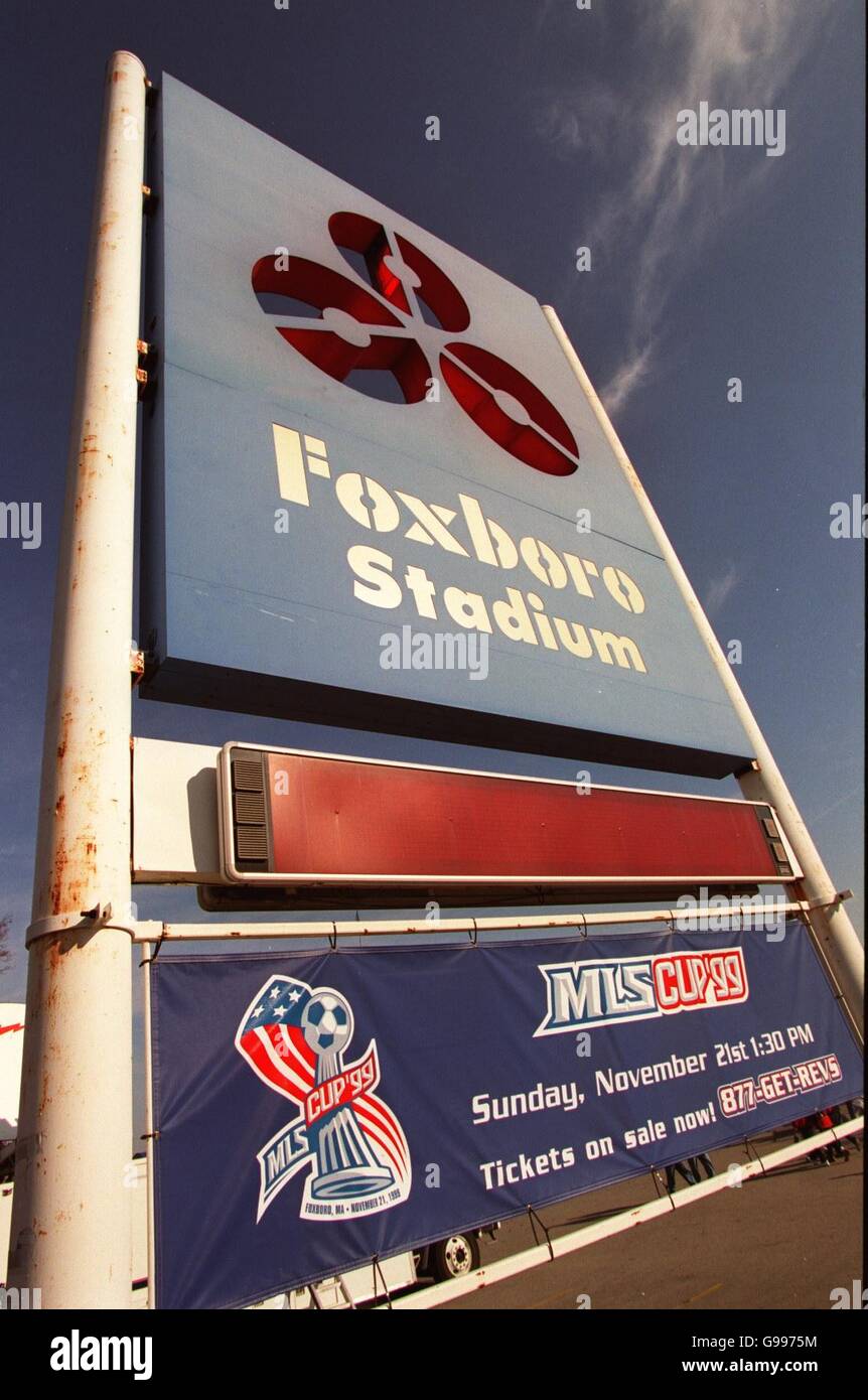 Panneau indiquant le stade Foxboro, lieu de la finale de la coupe MLS Banque D'Images