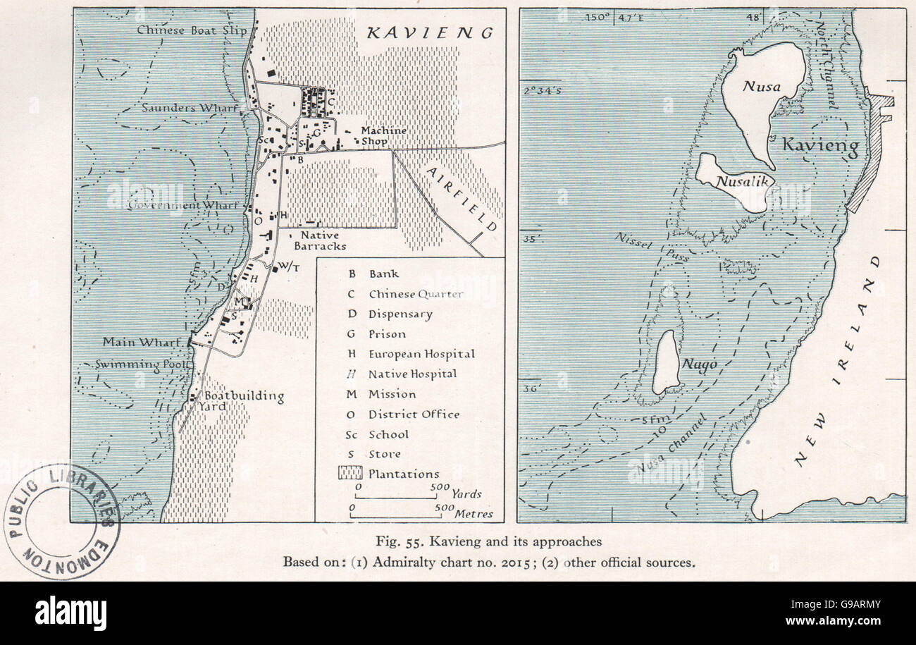 Papouasie-nouvelle-GUINÉE : Kavieng et approches. WW2 CARTE DE RENSEIGNEMENT DE LA MARINE ROYALE 1944 Banque D'Images