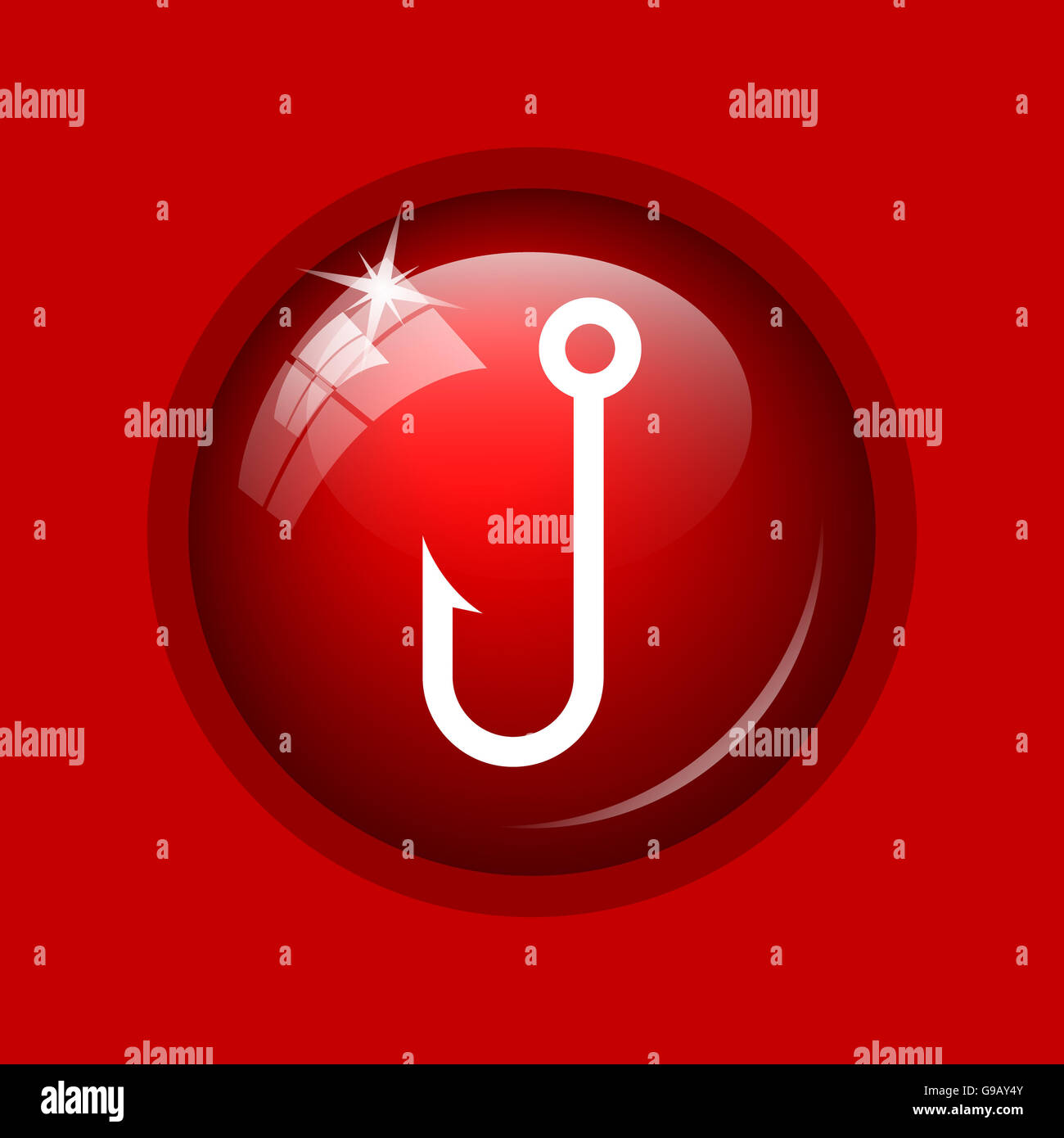 Icône de l'hameçon. Bouton Internet sur fond rouge. Banque D'Images