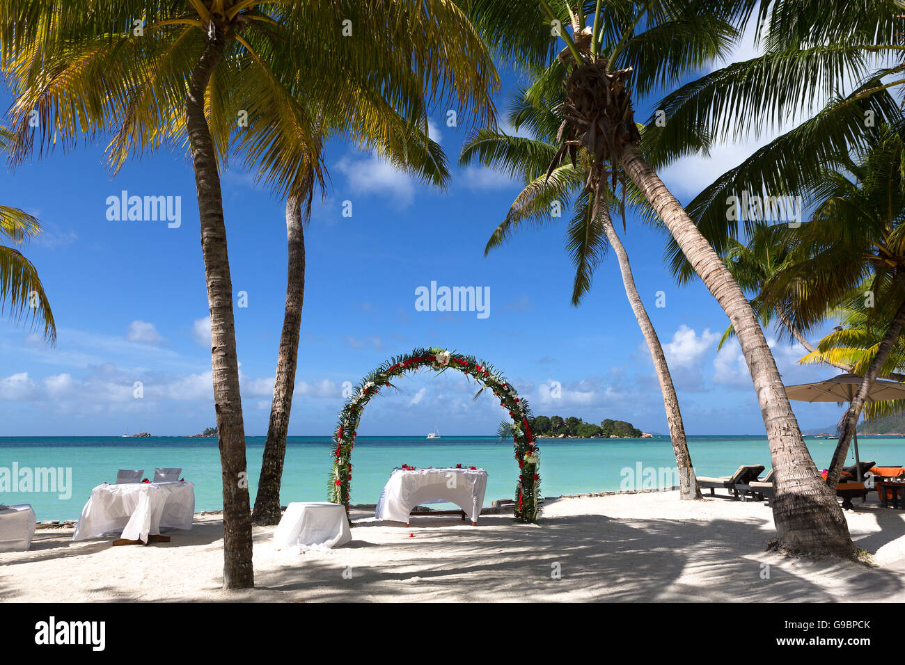 Décoration de mariage en été à l'île de Praslin, Seychelles Banque D'Images