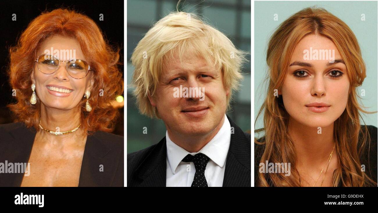 Les filers de la bibliothèque de Sophia Loren, Boris Johnson et Keira Knightley en date du 30/08/2002, 07/04/2006 et 13/12/2005 respectivement. Banque D'Images