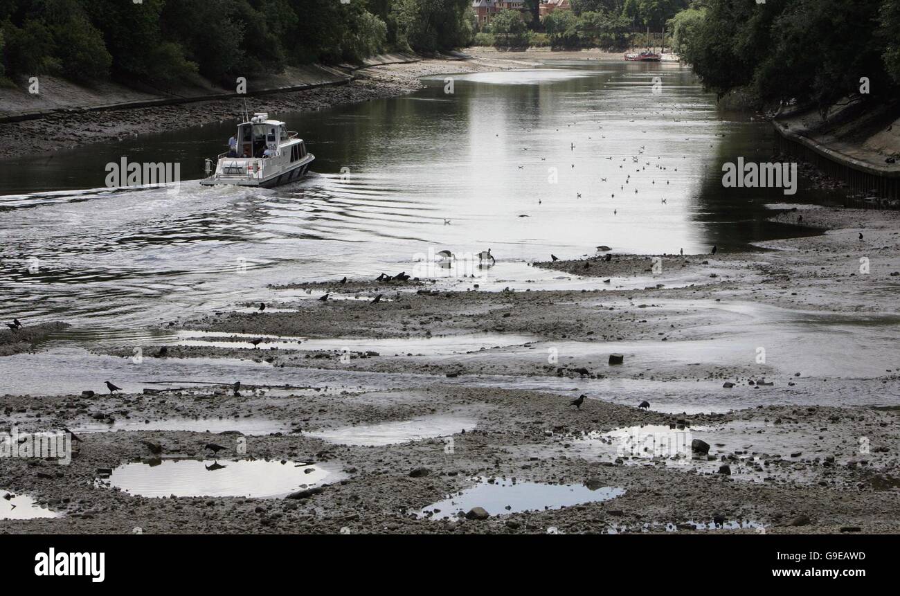 Un bateau voyage le long de la Tamise à Isleworth, aujourd'hui après que l'Agence de l'environnement a réduit le débit d'eau au-dessus de Teddington Weir. En raison des précipitations exceptionnellement faibles au cours des 20 derniers mois, l'approvisionnement en eau souterraine des tronçons supérieurs de la rivière a été fortement réduit. Banque D'Images