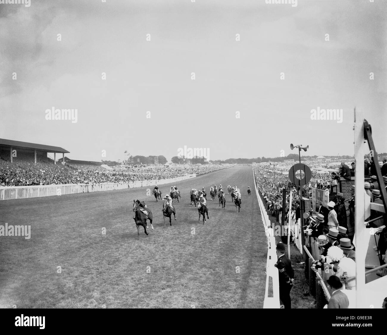 PA NEWS PHOTO 2/6/65 FIN DES PIQUETS DU DERBY À EPSOM AVEC LE FAVORI FRANÇAIS DE M. TERNYNCK, 'SEA BIRD II', MONTÉ PAR PAT GLENNON (PREMIER PLAN GAUCHE), GAGNANT DE LA 'MEADOW COURT' DE M. G BELL, FORMÉE EN IRLANDE, AVEC LESTER PIGGOTT UP (DEBOUT EN ÉTRIERS).TROISIÈMEMENT, LE « JE DIS » DE M. L. FREEMAN, CRIBLÉ DE R. POINCELET (SPOTS À DROITE) Banque D'Images