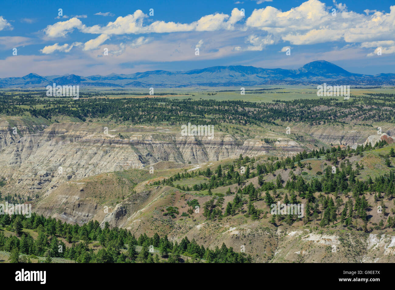 Haut-Missouri breaks national monument et lointaines montagnes bearpaw près de winifred, Montana Banque D'Images