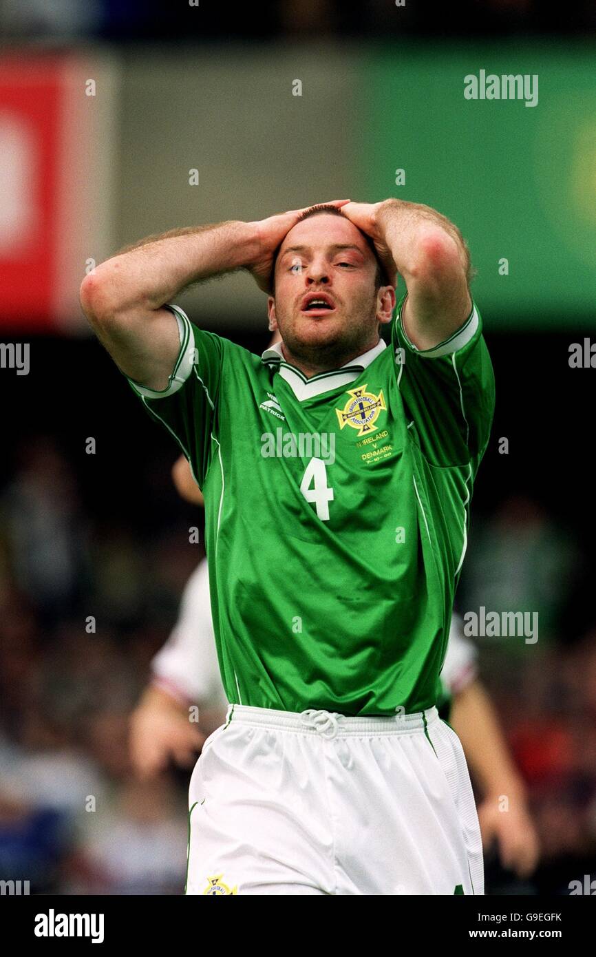 Football - qualification de la coupe du monde 2002 - Groupe trois - Irlande du Nord / Danemark.Gerry Taggart, de l'Irlande du Nord, tient la tête dans le désespoir après que son patron a fait un peu large de l'objectif Banque D'Images