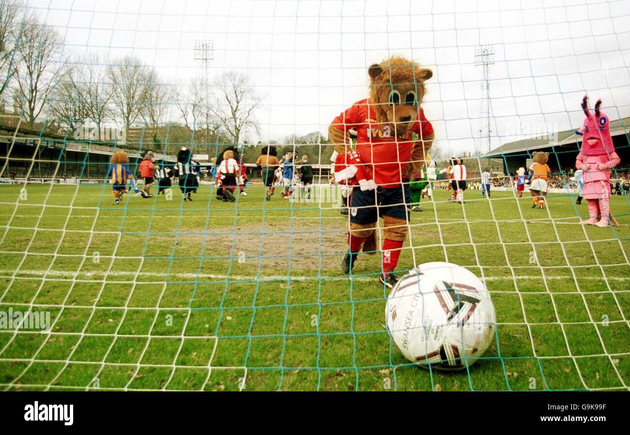 Yorkie le Lion de York reçoit le ballon de l'arrière du filet pendant la bataille des Mascottes à gay Meadow, maison de Shrewsbury Town Banque D'Images