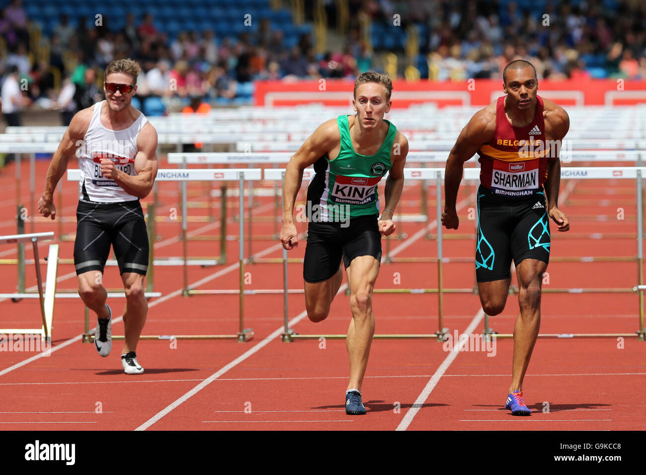 William Sharman, David King & Ross BLANCHARD, men's 110m haies - Chaleur 2, 2016 championnats britannique Alexander Stadium, Birmingham UK. Banque D'Images