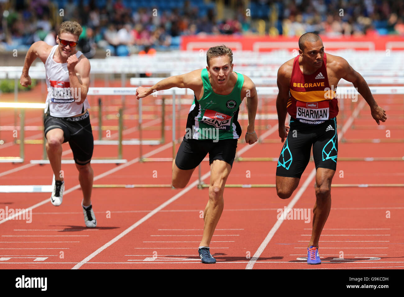 William Sharman, David King & Ross BLANCHARD, men's 110m haies - Chaleur 2, 2016 championnats britannique Alexander Stadium, Birmingham UK. Banque D'Images