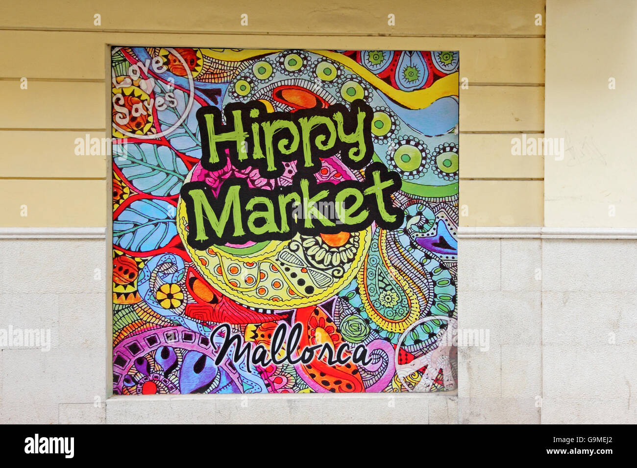 Enseigne à l'extérieur du marché hippie boutique Vêtements et accessoires, Palma, Majorque Banque D'Images