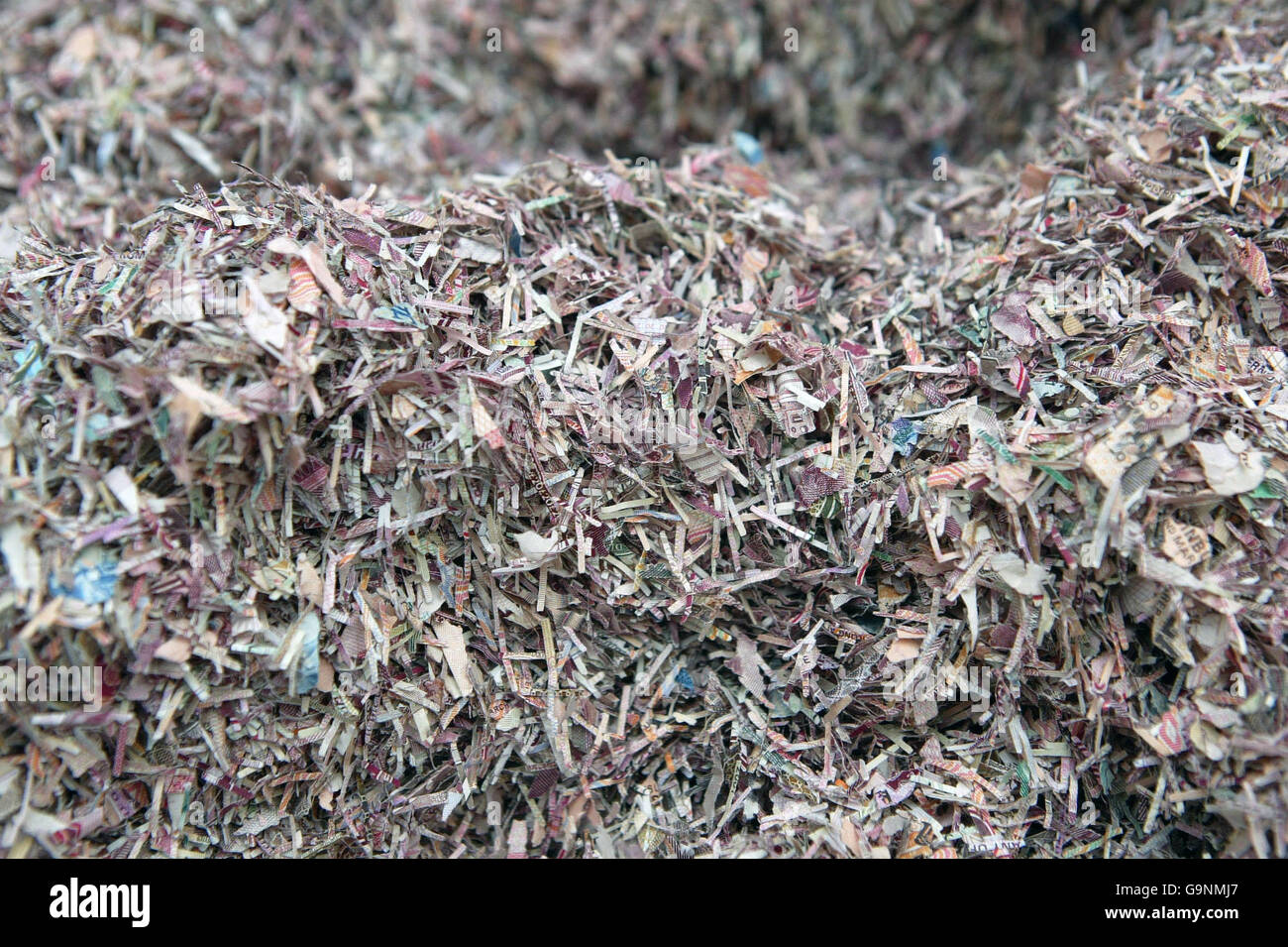 Notes écossaises déchiquetées. L'argent dure normalement deux ans et est trié par une machine qui détermine quand une note est trop endommagée pour rester en circulation. Photo prise au Musée sur la Mound Édimbourg. Banque D'Images