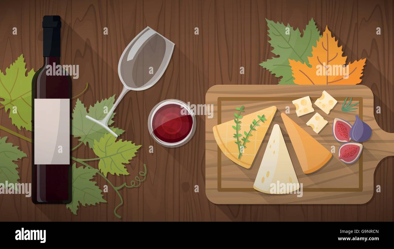 Dégustation de vin avec de délicieux hors-d'œuvre, de fromages et de fruits sur une planche, verre de vin rouge sur une table en bois Vue de dessus Illustration de Vecteur