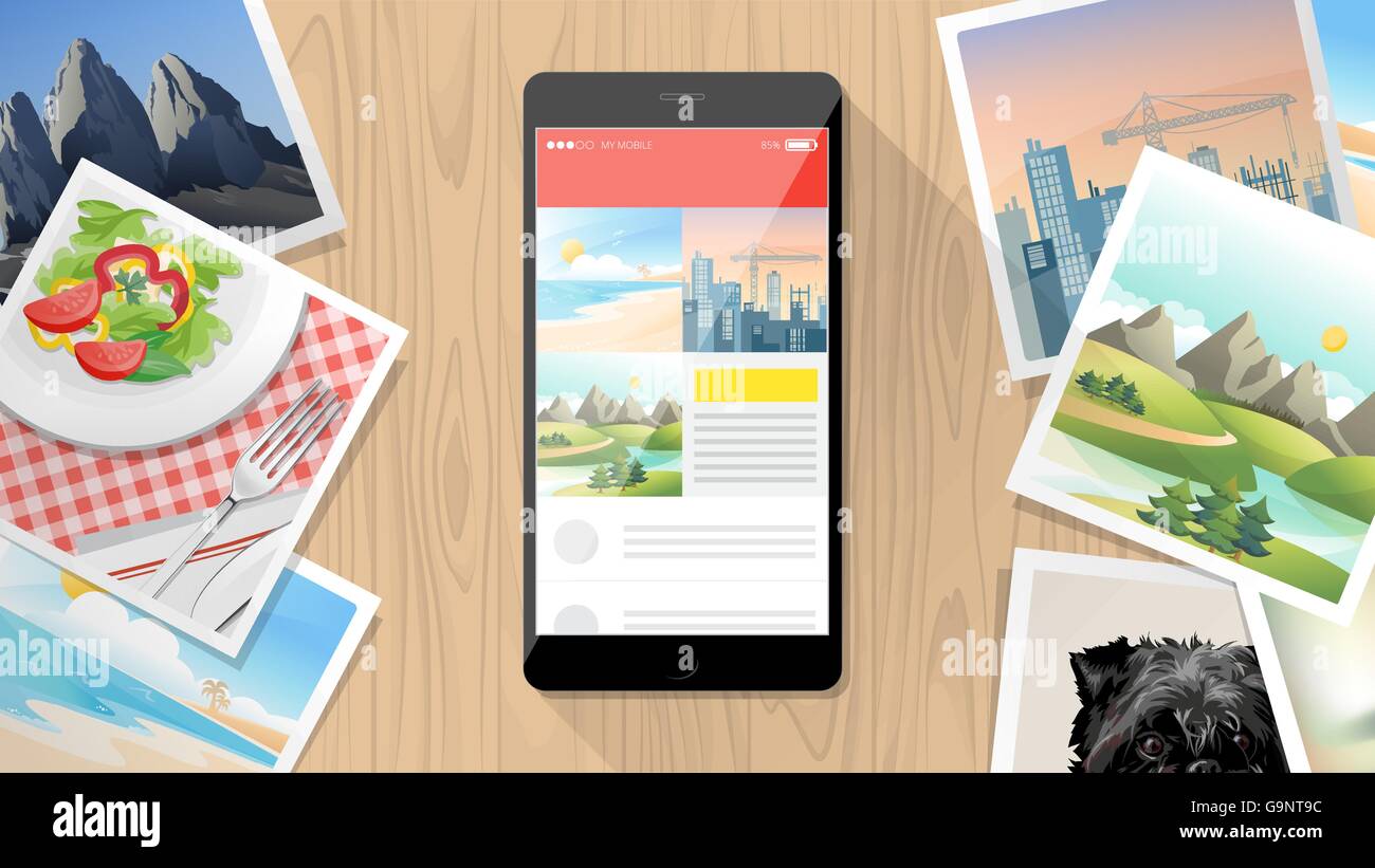 L'app Appareil photo photos sur smartphone Avec instant photos tout autour de Illustration de Vecteur