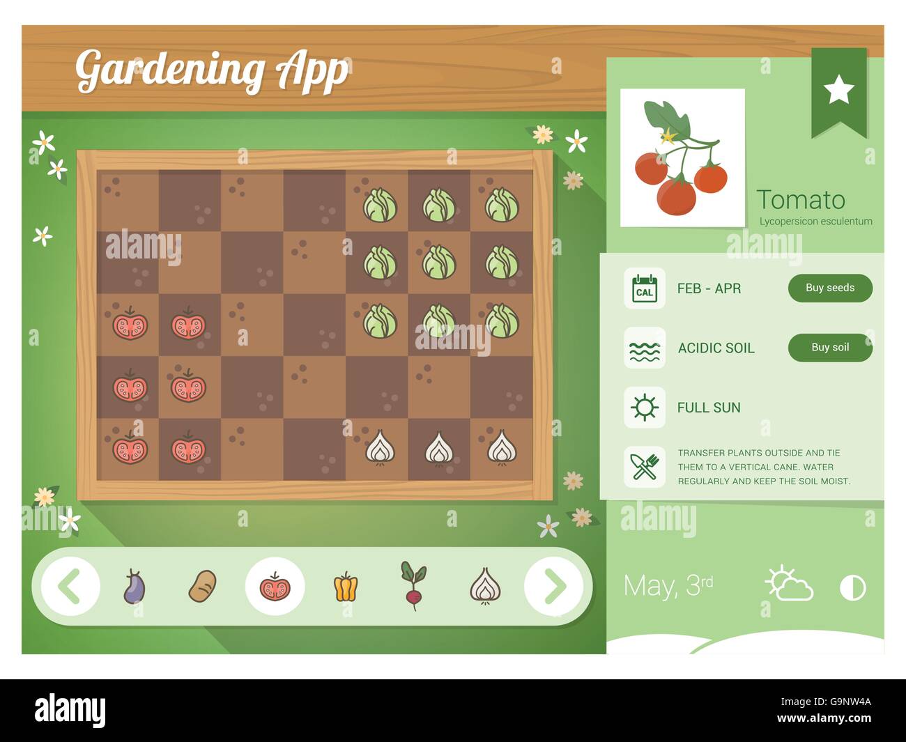 Garden planner app avec légumes fiche nutrition, jardin rectangulaire avec glisser-déposer des icônes de légumes Illustration de Vecteur
