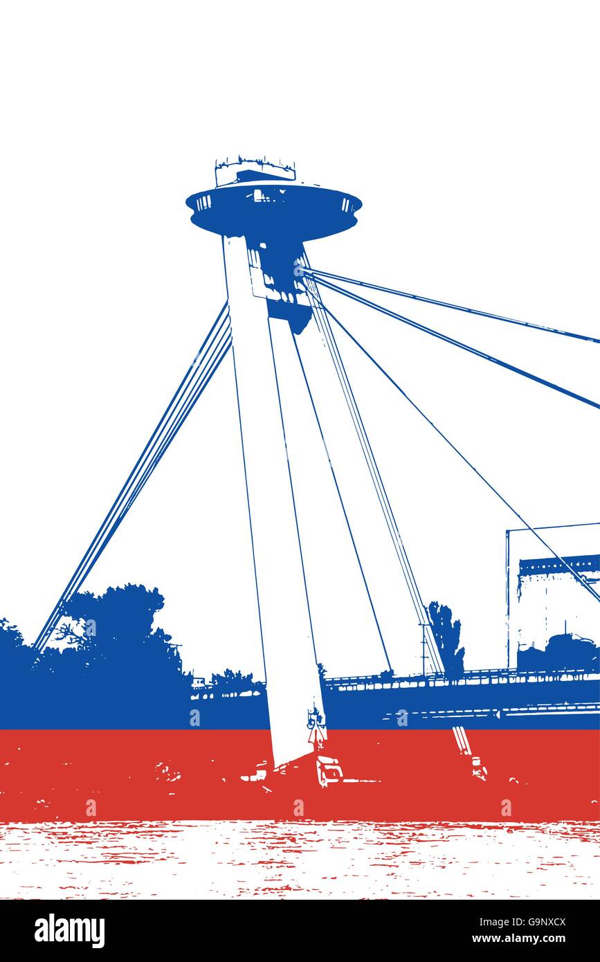Pont SNP à Bratislava, capitale de la République slovaque. Destination de voyage. Thème de l'architecture. Graphique vectoriel bleu et rouge. Illustration de Vecteur