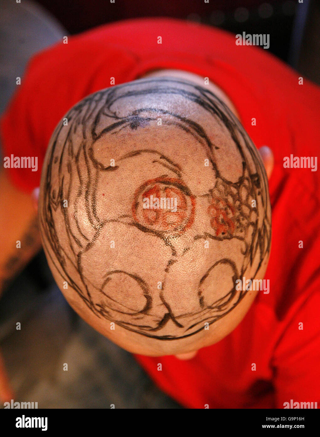 Dayne Gilby, 19 ans, de Coventry, a un tatouage permanent d'un petit déjeuner anglais complet tatoué sur sa tête par l'artiste tatouage Blane Dickinson à Conway, dans le nord du pays de Galles. Banque D'Images