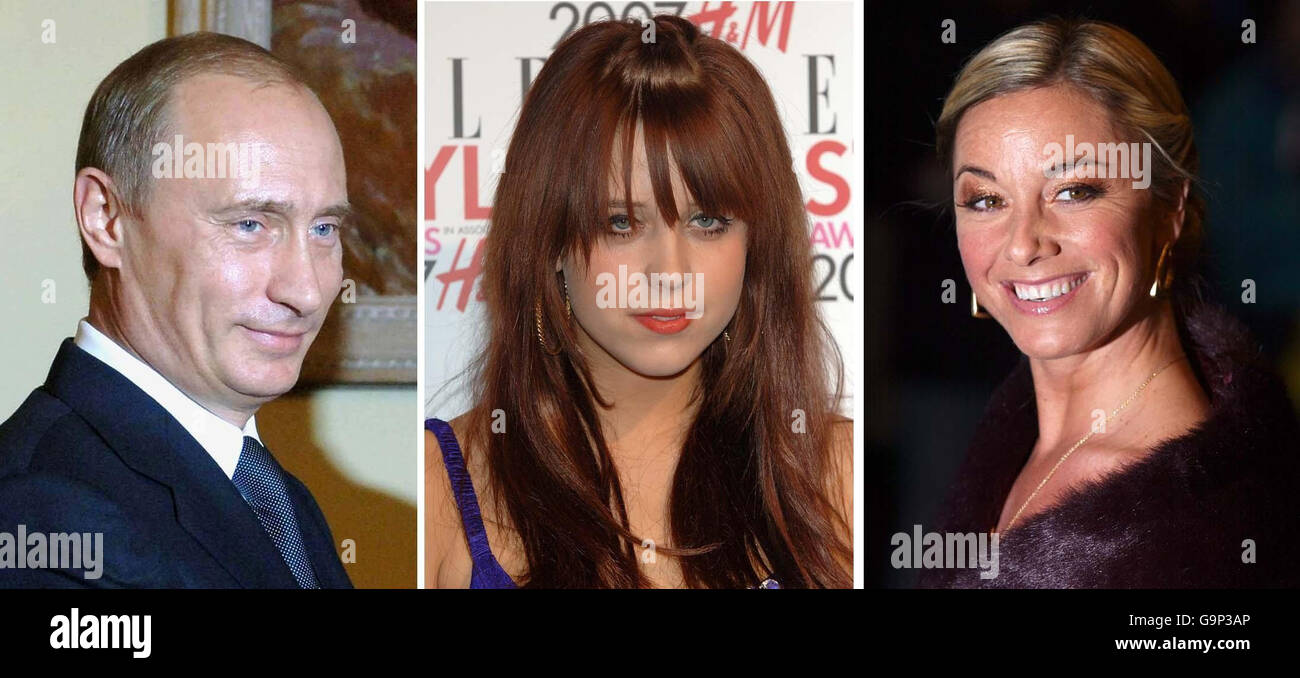 Dossier photos du président russe Vladimir Poutine (de gauche à droite), du télédiffuseur Peaches Geldof et de l'actrice Tamsin Outhwaite. Banque D'Images