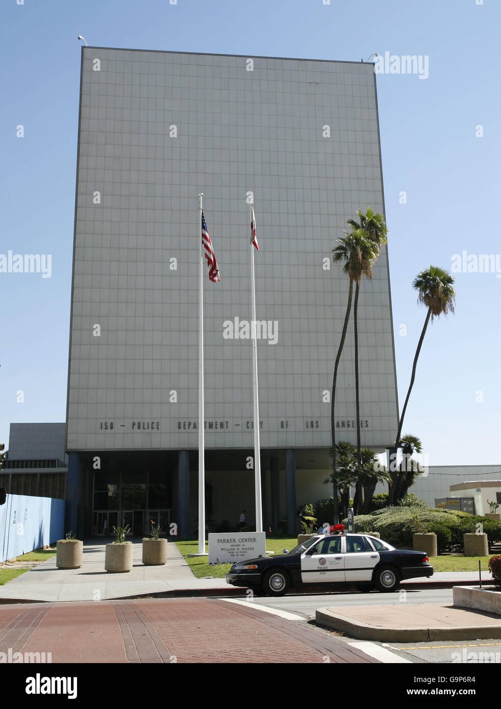 Vue sur le bâtiment du département de police de Los Angeles (LAPD) dans le centre-ville de Los Angeles, États-Unis. Banque D'Images