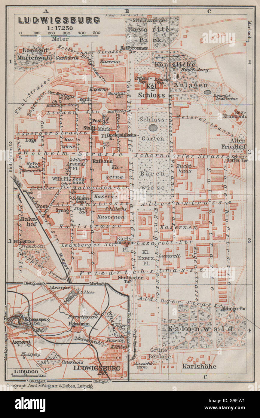 Ville stadtplan ville de Ludwigsburg. Le Bade-Wurtemberg. Schloss karte, 1910 map Banque D'Images