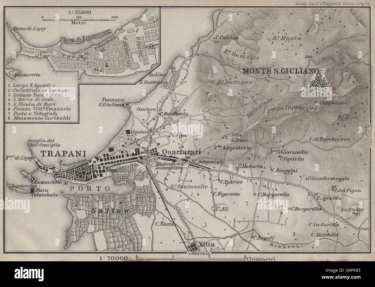 Plan de la ville de Trapani et ses environs. Monte San Giuliano/Erice. Sicile Sicilia, 1912 map Banque D'Images