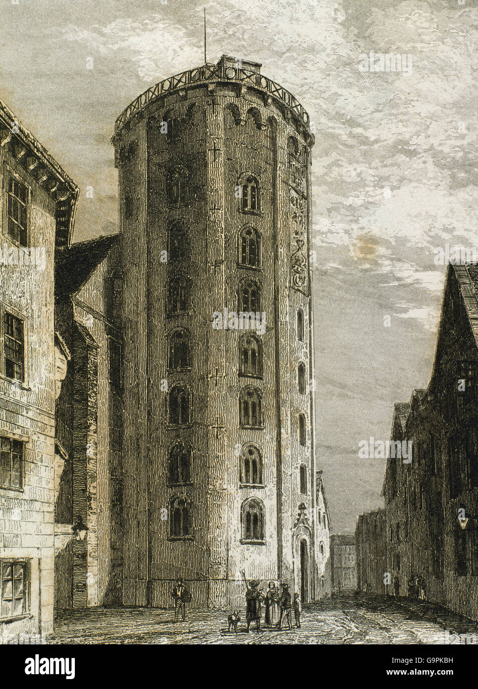 Le Danemark. Copenhague. Tour ronde. 17e siècle. Projet architectural du roi Christian IV, il a été construit comme un observatoire astronomique. Dutch Baroque. Gravure, 1845. Banque D'Images