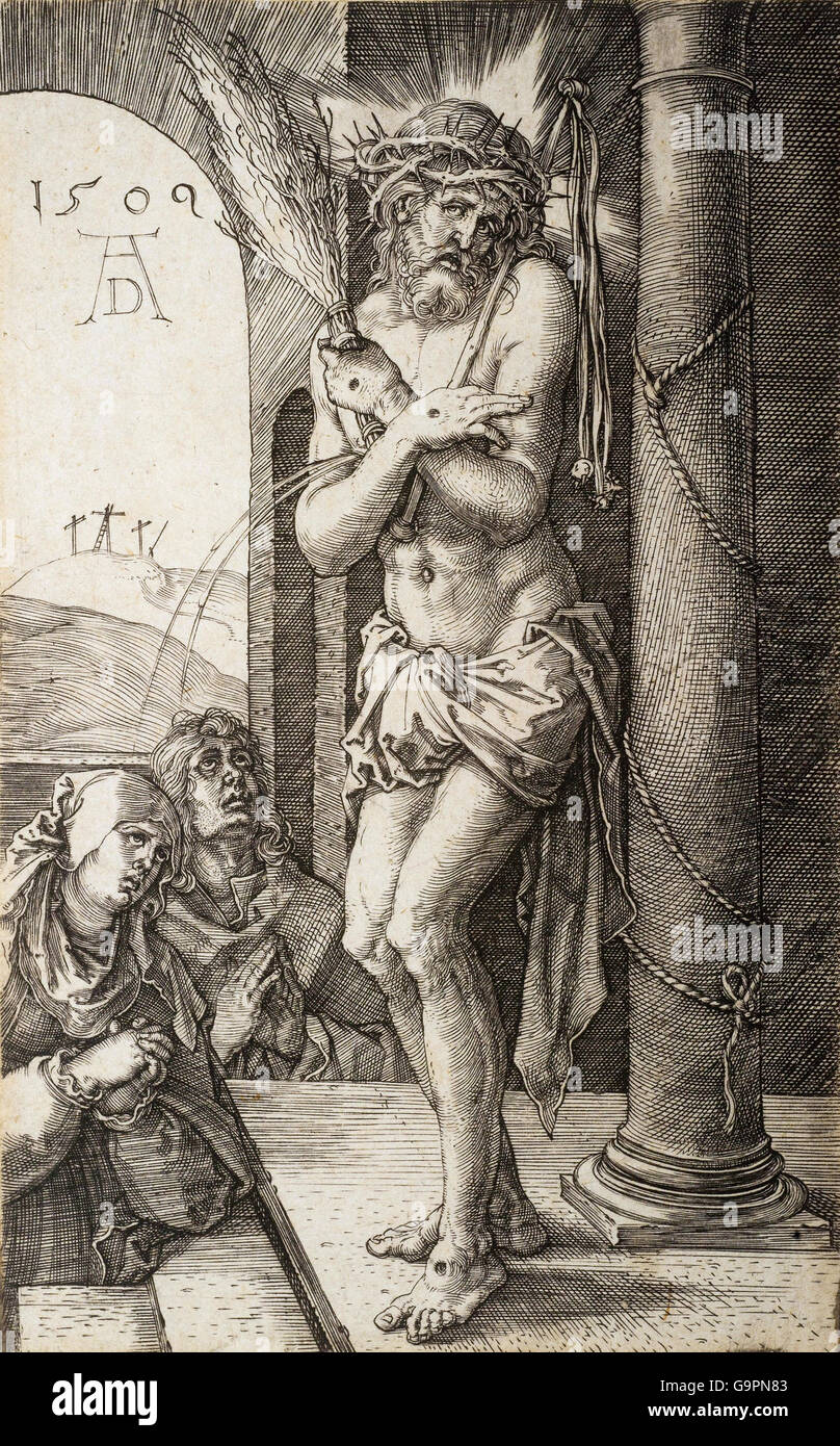 Albrecht durer - l'homme des douleurs par la colonne avec la Vierge et Saint Jean Banque D'Images