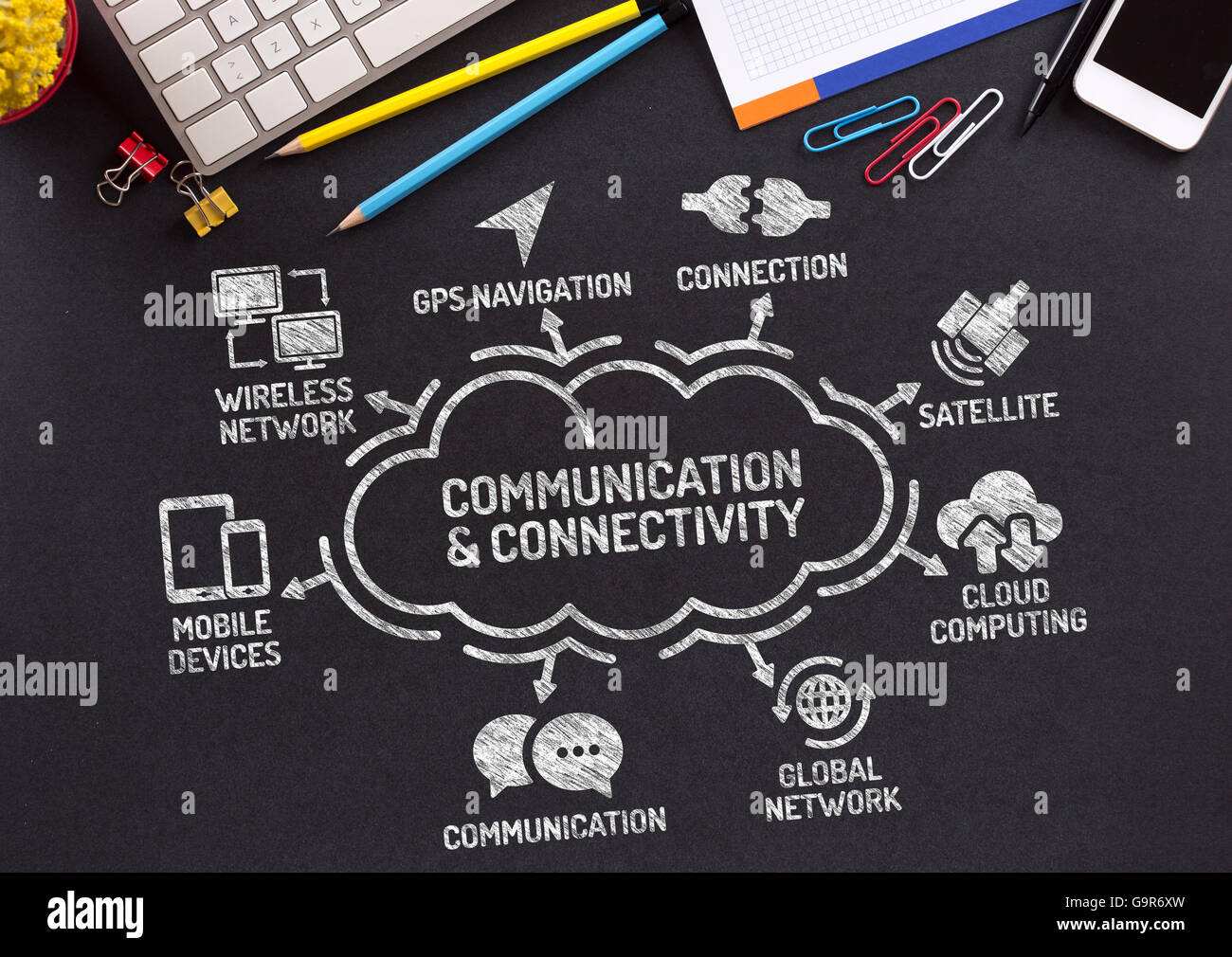 Connectivité et communication graphique avec mots-clés et des icônes sur tableau noir Banque D'Images