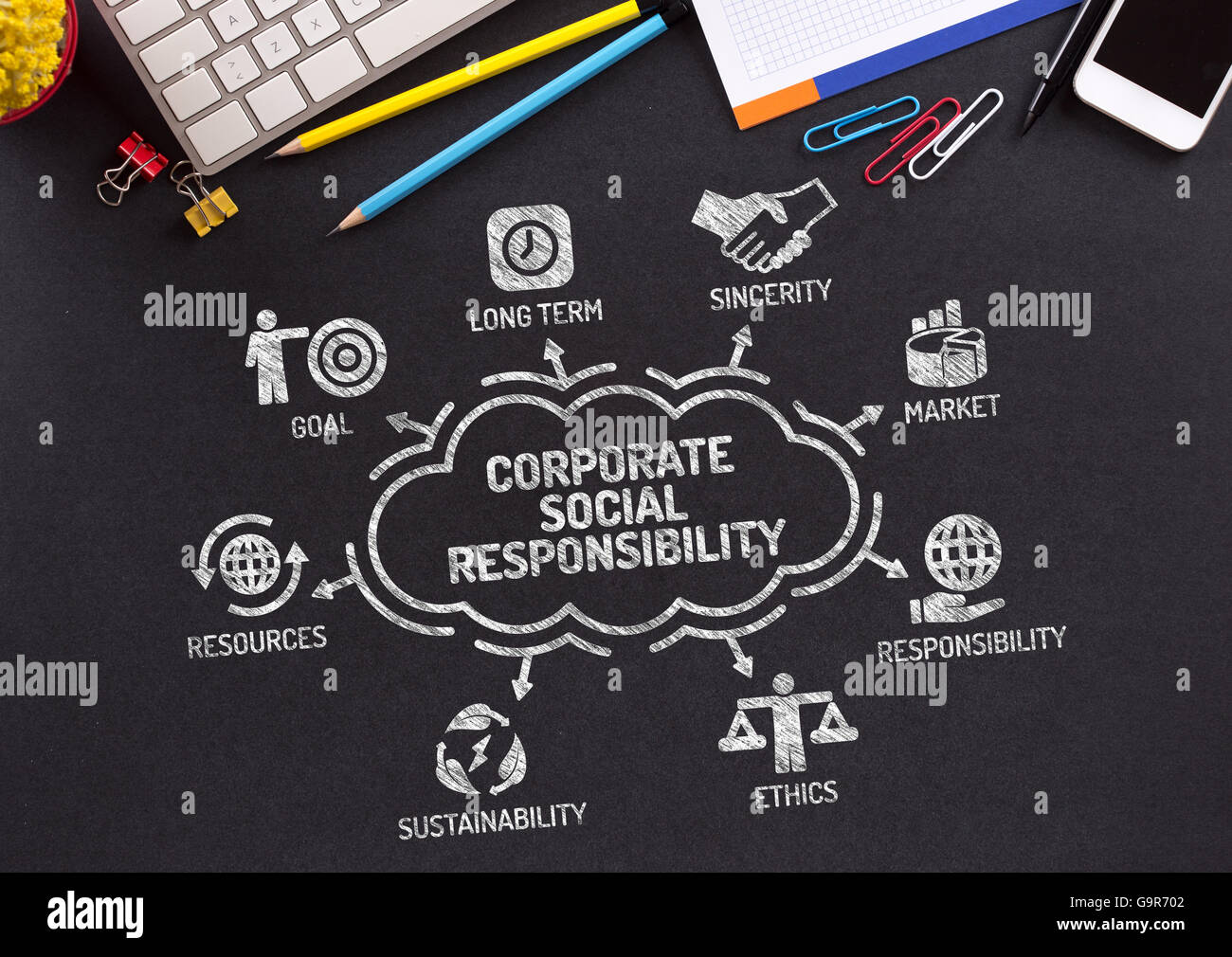 La responsabilité sociale de l'entreprise Graphique avec mots-clés et des icônes sur tableau noir Banque D'Images