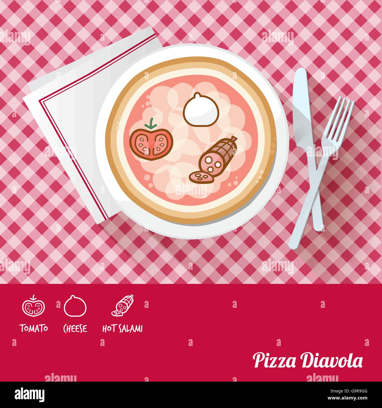 Pizza diavola sur un plat avec les ingrédients et recette icône nom en