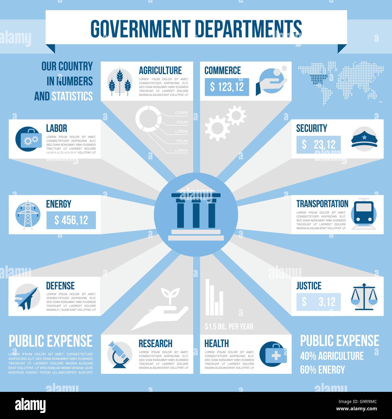 Les ministères du gouvernement infographie avec icons set et copy space Illustration de Vecteur