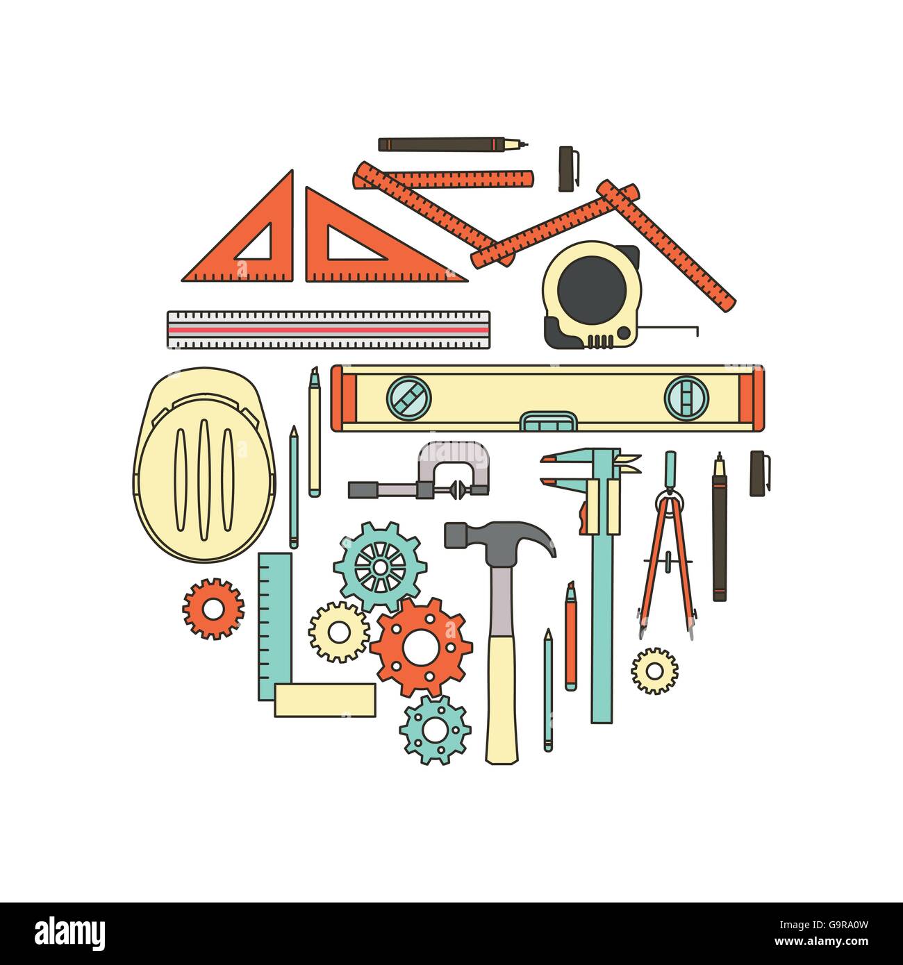 Matériel et d'outils de travail, ligne fine des objets dans une forme circulaire sur fond blanc Illustration de Vecteur