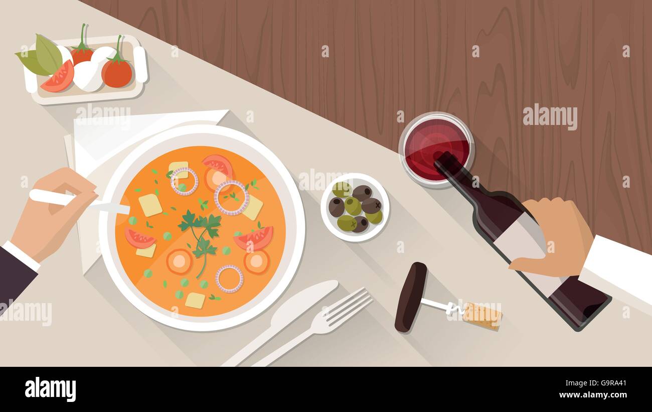 Une cuisine raffinée au restaurant, un client est en train de manger une soupe savoureuse et d'un serveur est de verser le vin dans un verre Illustration de Vecteur