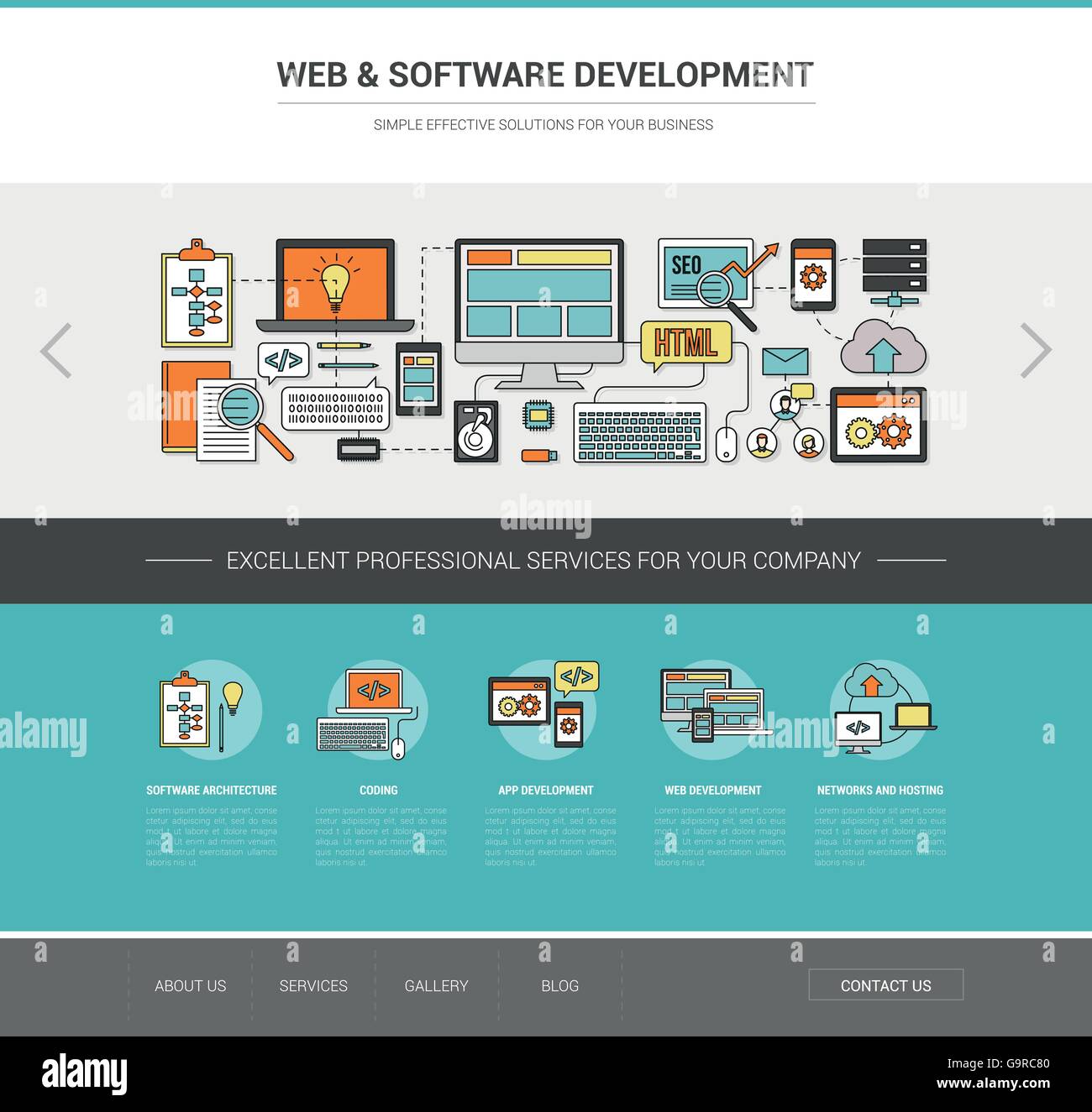 Modèle de développement de logiciels et Web, codage, réseau social et d'hébergement concept Illustration de Vecteur