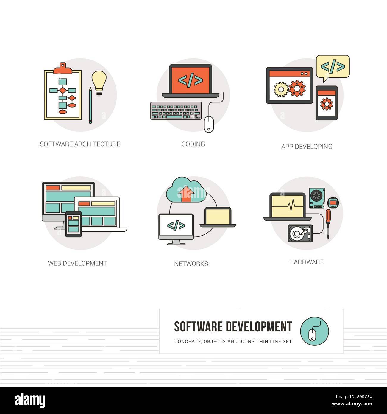 Site Web et développeur de logiciels et du matériel informatique, des concepts et des objets ligne mince icons set Illustration de Vecteur