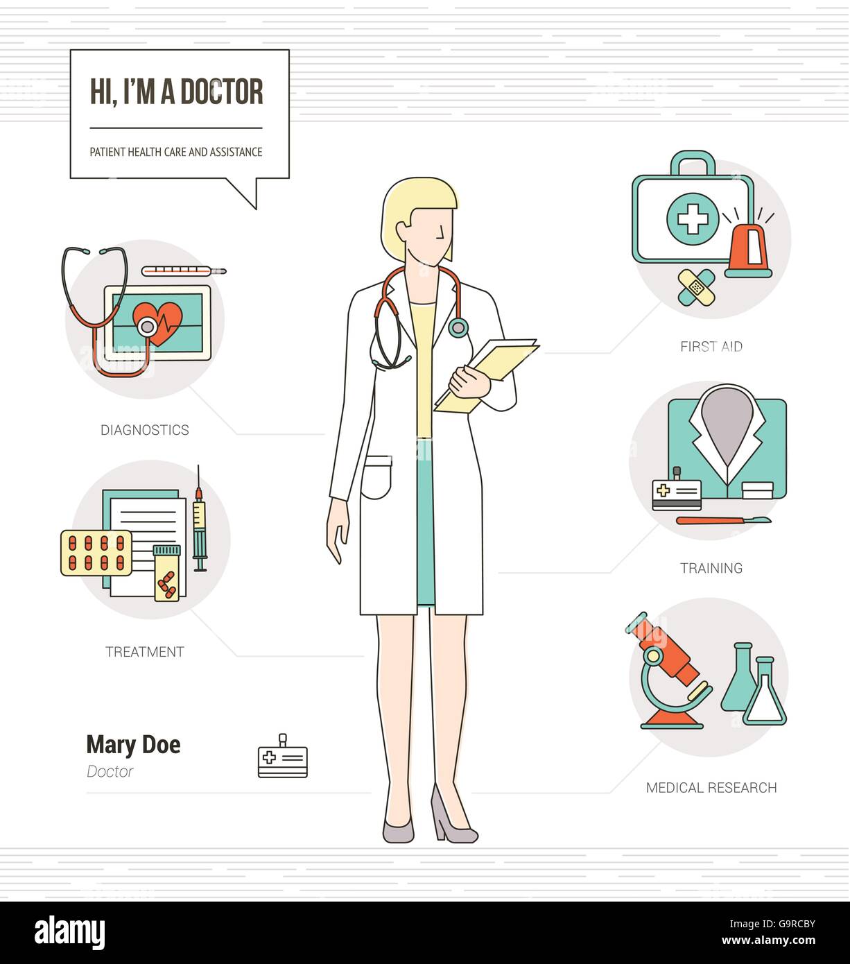 Femme médecin professionnel compétences infographique reprendre avec des outils, l'équipement médical et icons set Illustration de Vecteur